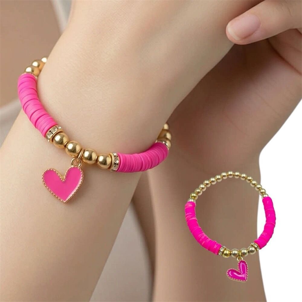 New Women’s & Girls Flat Beads Pink Bracelet With Metal Gold Color Beads White - Picture 3 of 7